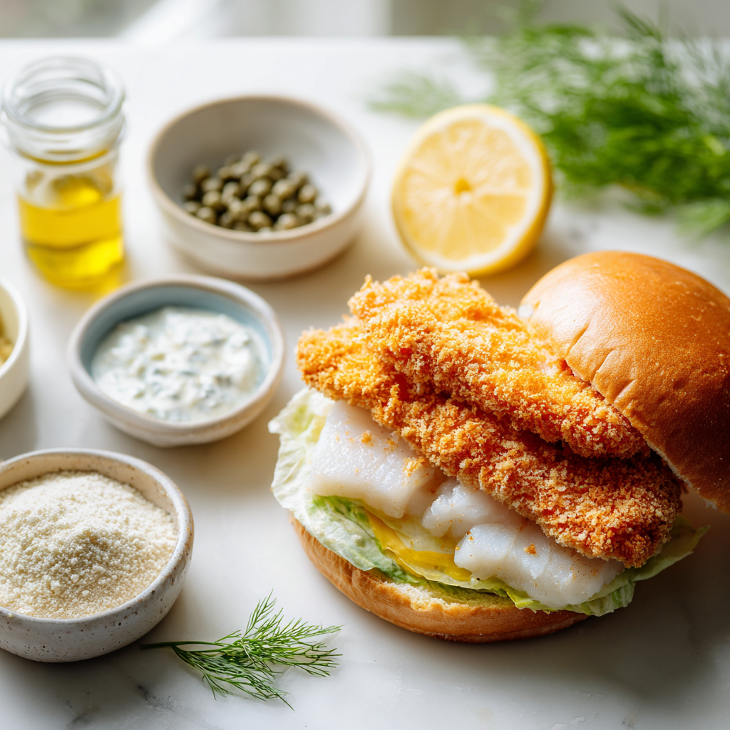 Main ingredients for fried cod fish sandwich: cod fillets, panko, flour, eggs, lemon, dill, capers