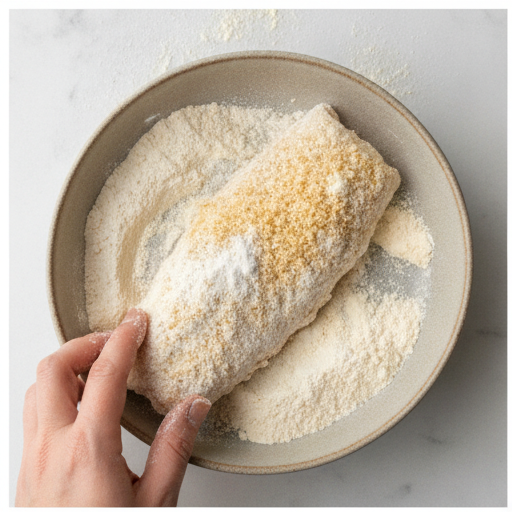 Breading station setup for fried cod fish sandwich with three shallow bowls of flour, batter, and panko