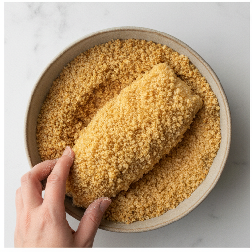 Coating cod fillet in panko breadcrumbs, pressing firmly to ensure even coverage