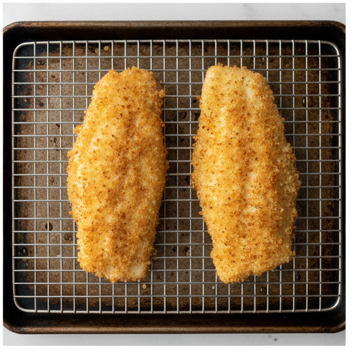 Golden brown fried cod fillets resting on a wire rack after frying