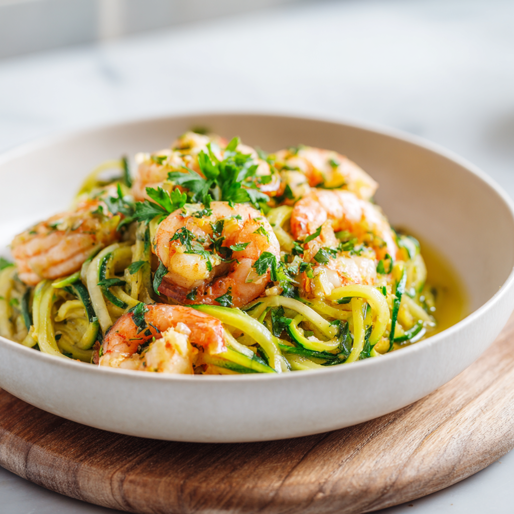 garlic butter shrimp zucchini noodles - final presentation