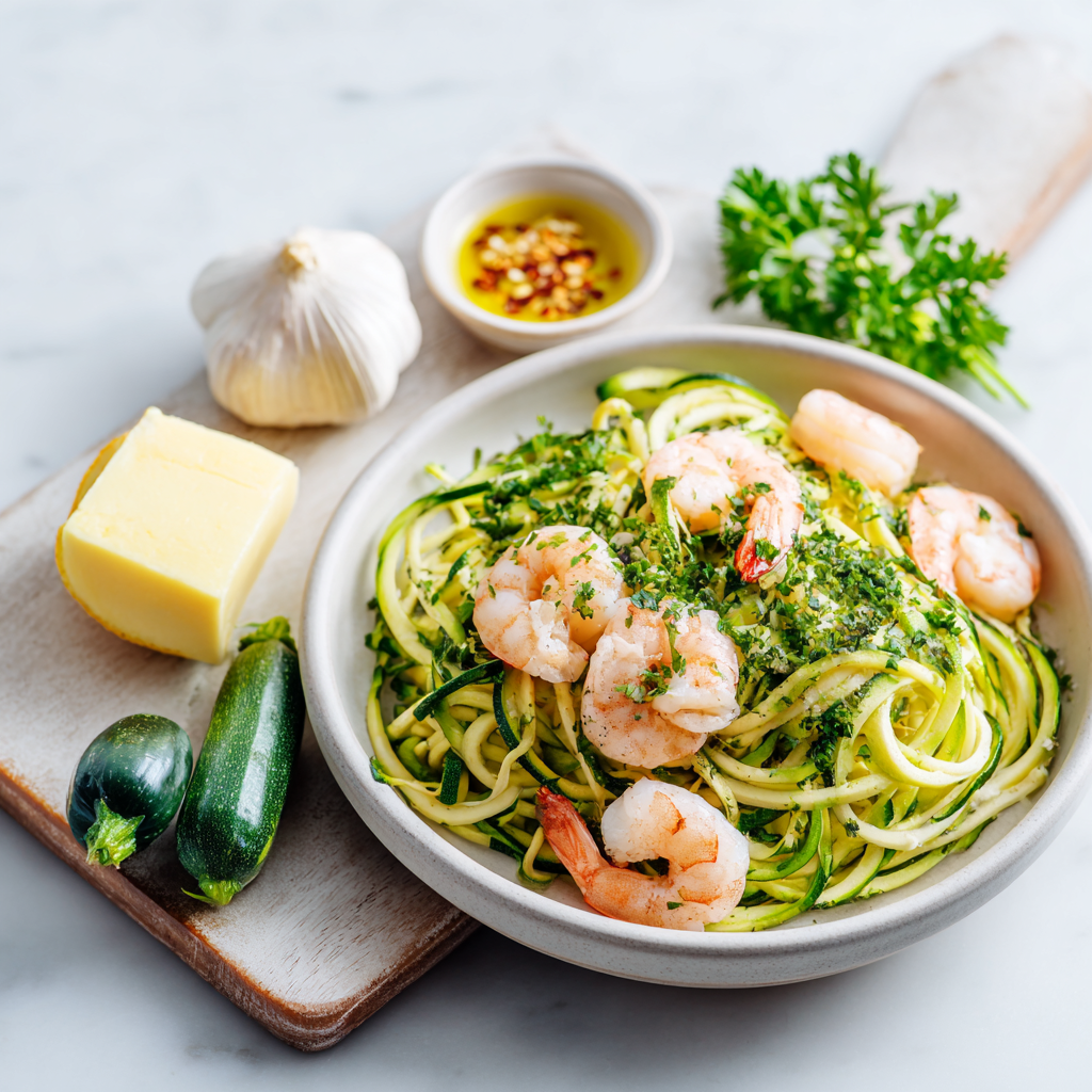garlic butter shrimp zucchini noodles - main ingredients
