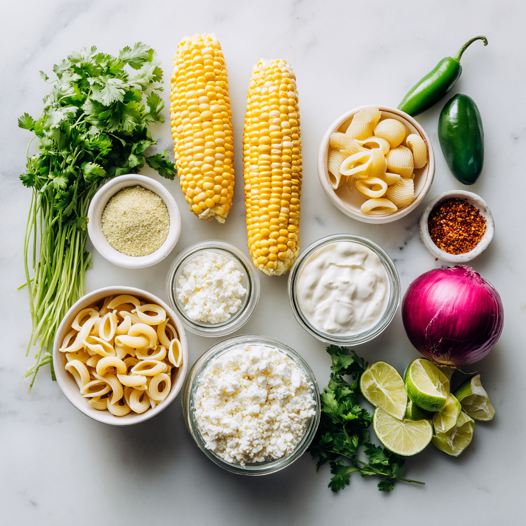 grilled corn elote pasta salad - main ingredients