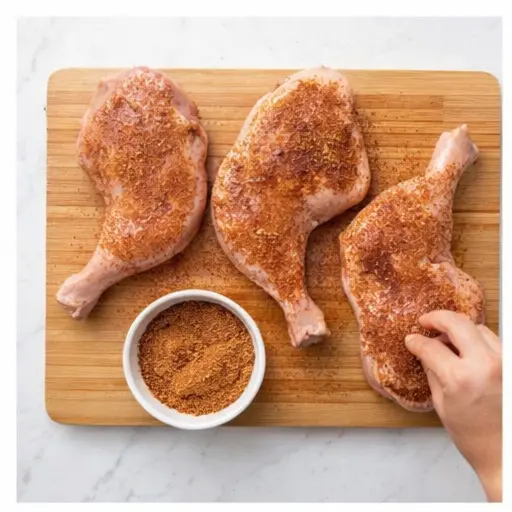 Step 1: Apply the dry rub to the raw chicken leg quarters