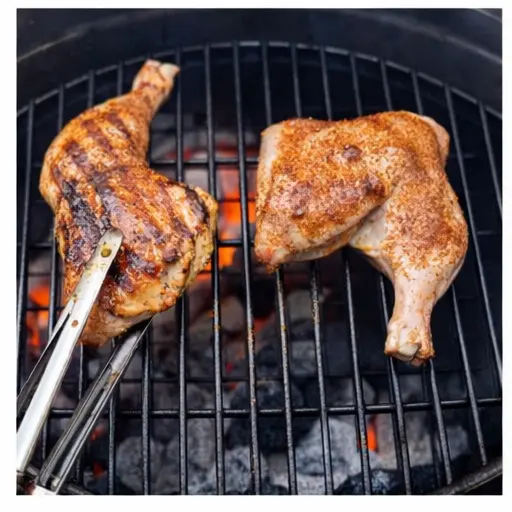 Step 3: Flip the chicken quarters with tongs showing cooked side