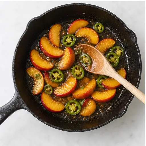 Step 3: Sautéing peach wedges and jalapeno slices until softened