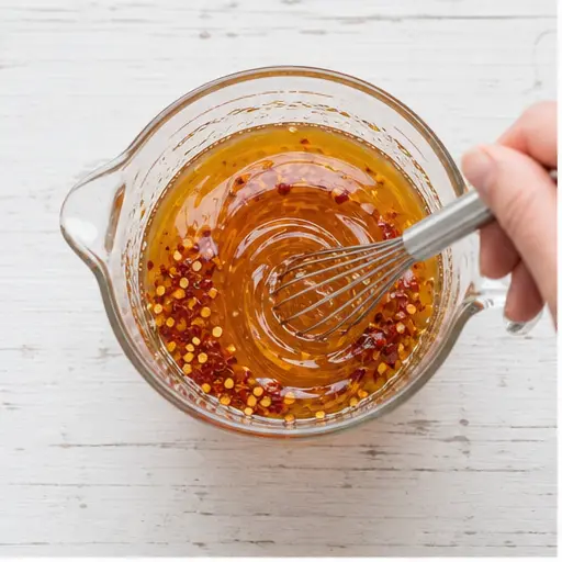 Step 1: Combine honey, hot sauce, and red pepper flakes in a glass measuring cup