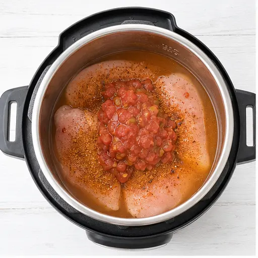 Step 1: Season chicken and add salsa and broth
