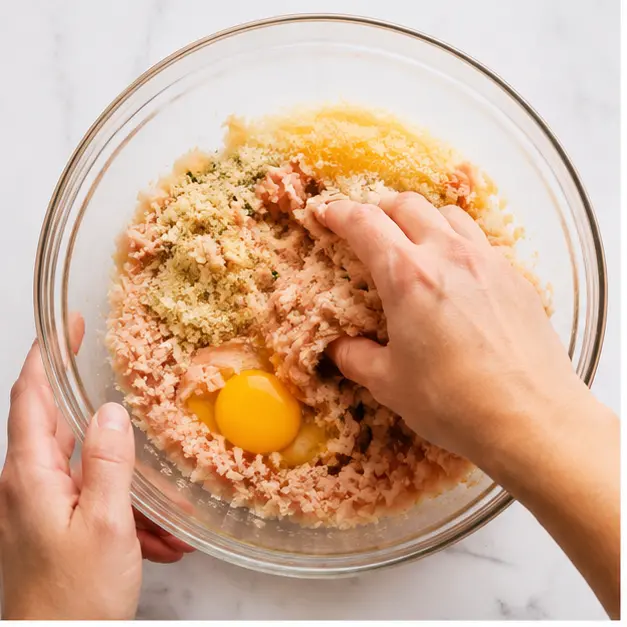 Step 1: Mixing ground chicken with egg and breadcrumbs