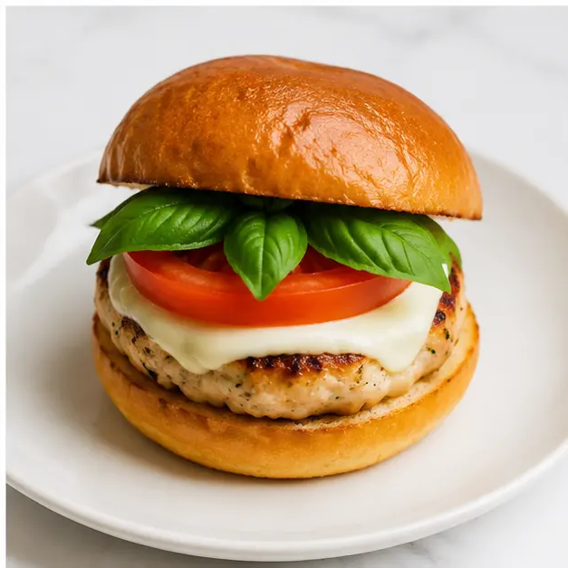 Step 4: Assembling burger with tomato and basil