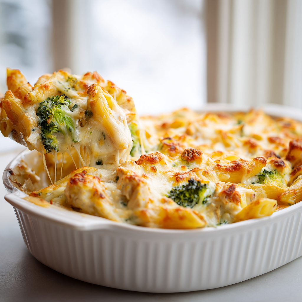 one pan chicken broccoli cheddar pasta bake - final presentation