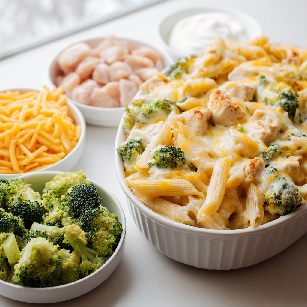 one pan chicken broccoli cheddar pasta bake - main ingredients