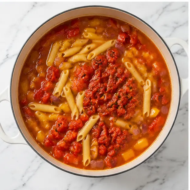 Step 3: Adding broth, tomatoes, and penne pasta