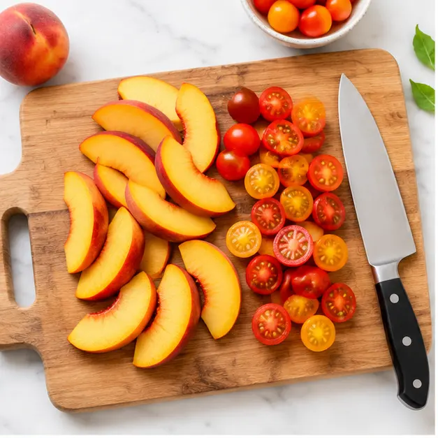 Step 1: Slicing ripe peaches into thin wedges