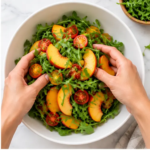 Step 2: Tossing arugula, peaches, and tomatoes together