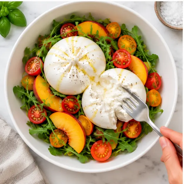 Step 3: Placing and tearing burrata over the salad