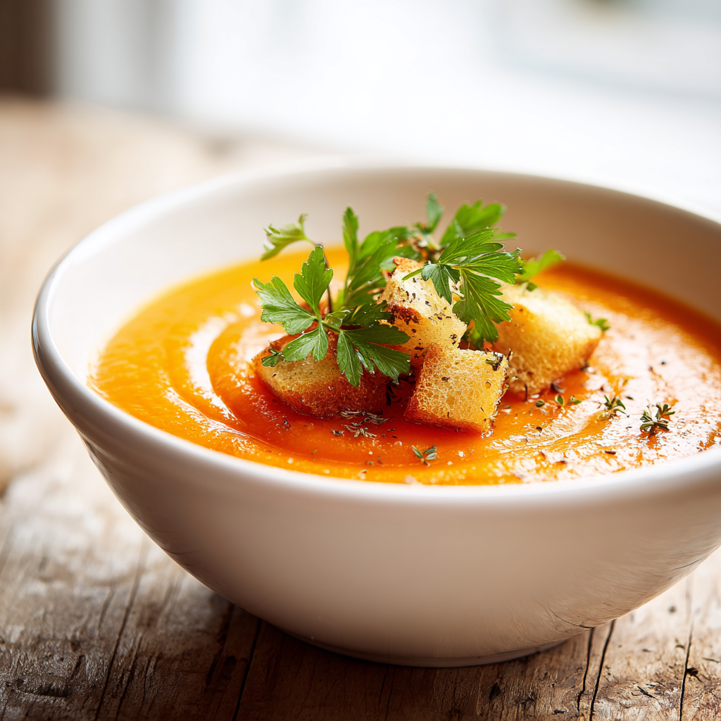 potato leek tomato soup - final presentation with croutons and parsley