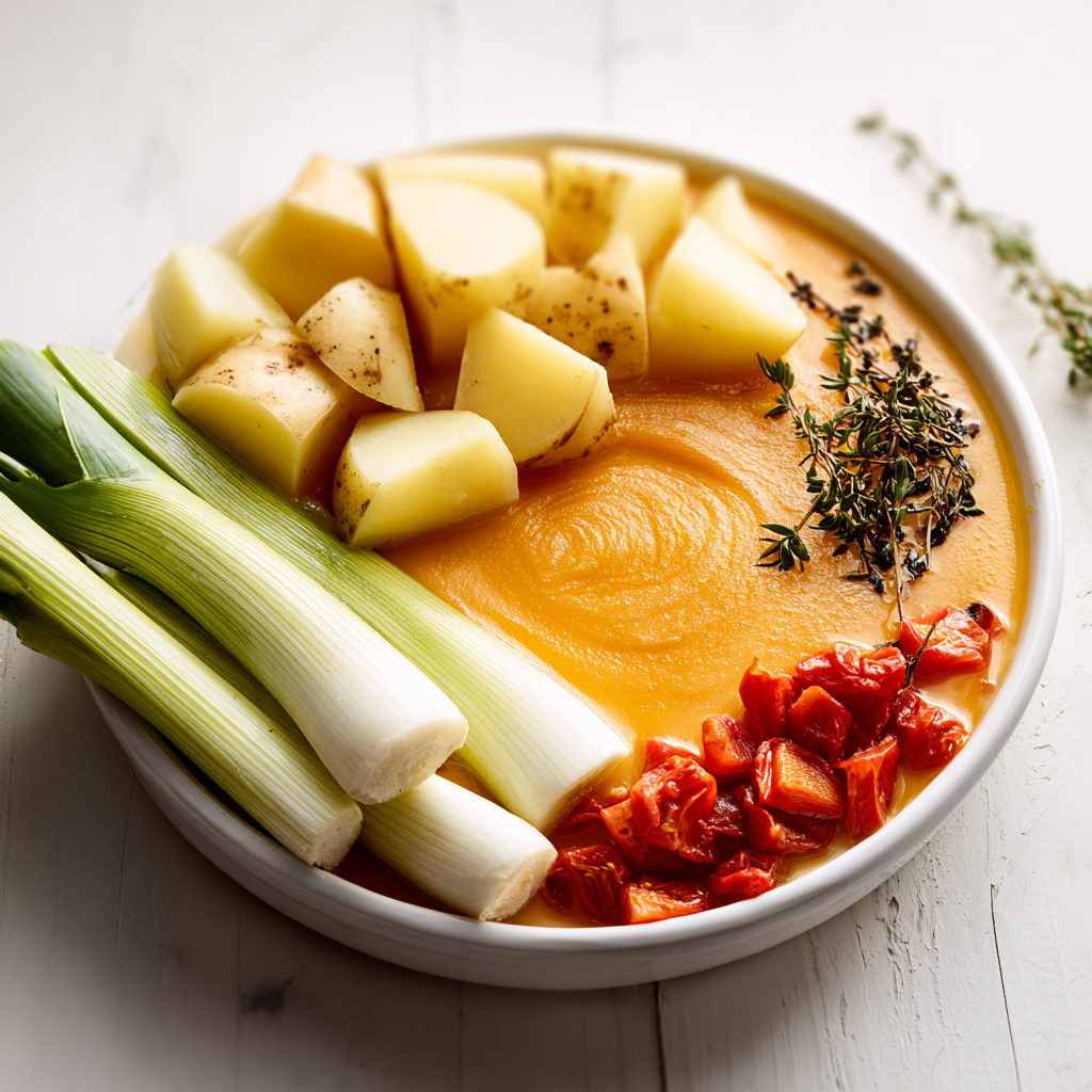 potato leek tomato soup - main ingredients: leeks, potatoes, tomatoes, onion, celery, garlic