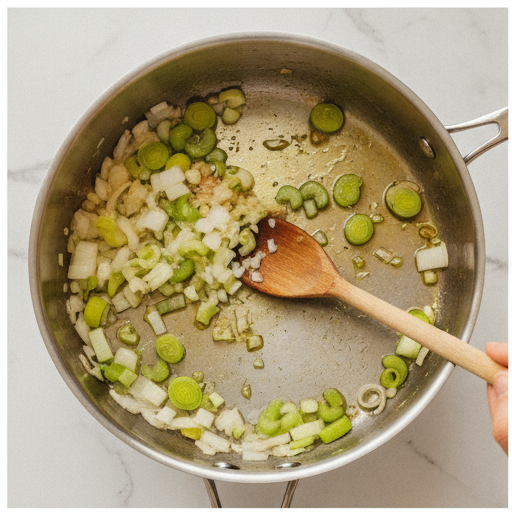 potato leek tomato soup - step 1: sautéing leeks and aromatics