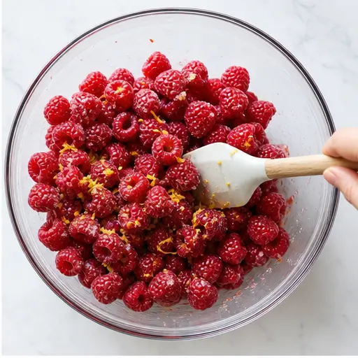 Step 2: Gently stirring raspberries with sugar and lemon