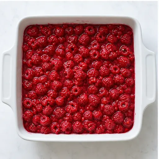 Step 3: Pouring raspberry filling into the baking dish