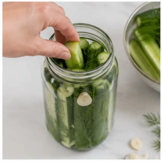 Step 3: Packing jars with cucumbers and aromatics
