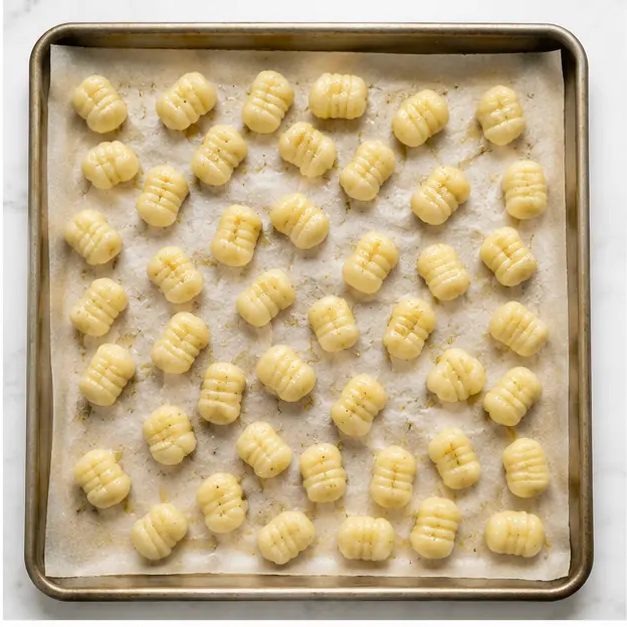 Step 2: Spreading gnocchi on a lined baking sheet for roasting