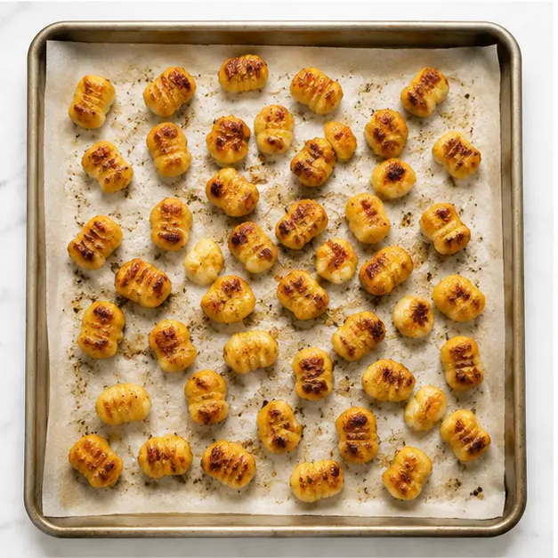 Step 3: Roasted gnocchi golden and crispy on the same sheet