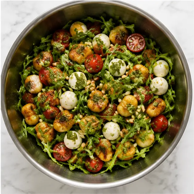Step 4: Assembling the salad with tomatoes, mozzarella, arugula, and pesto