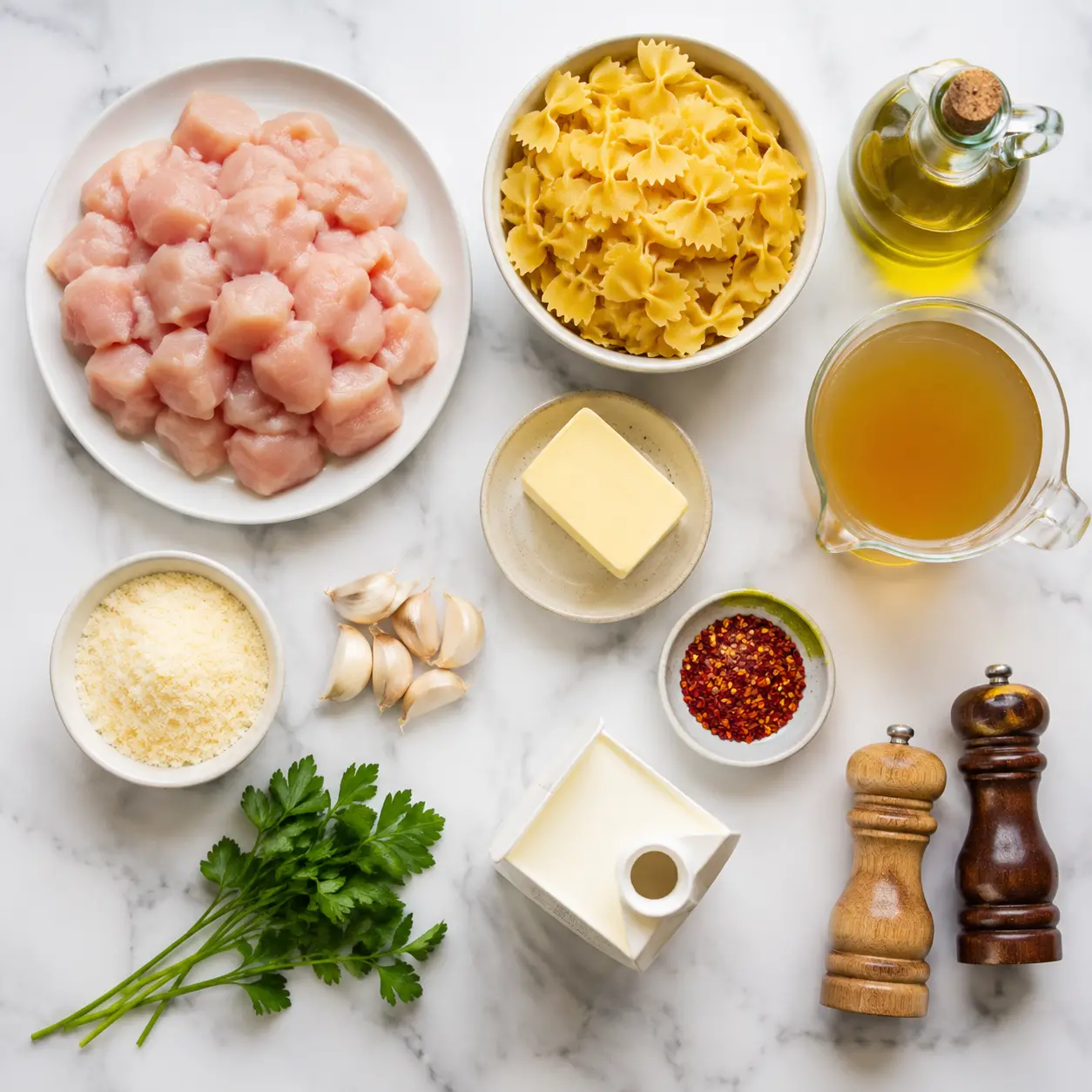spicy chicken bowtie pasta - main ingredients