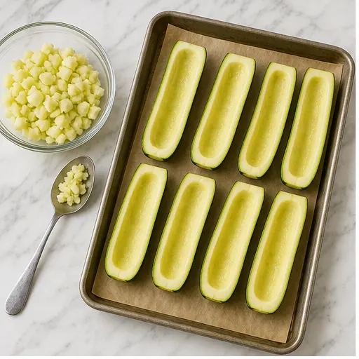Step 1: Halve and hollow the zucchini