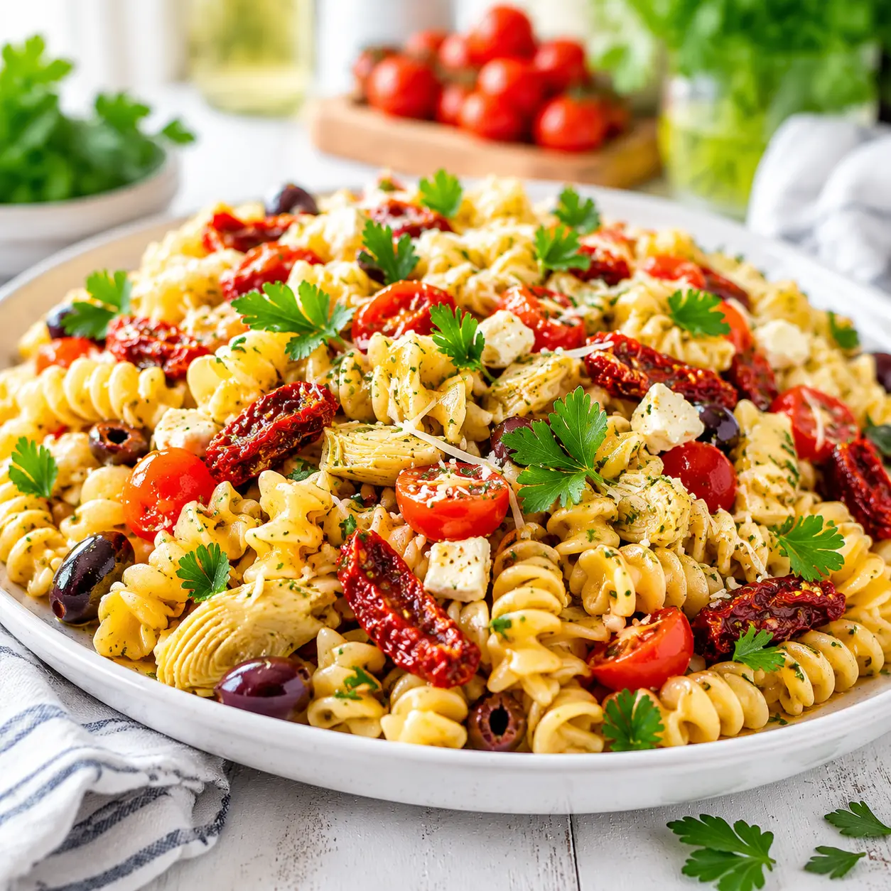 sun dried tomato pasta salad - final presentation