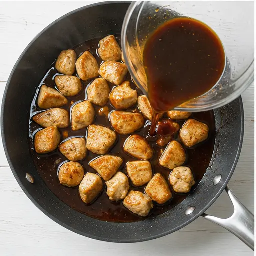Step 3: Pouring homemade teriyaki sauce into skillet