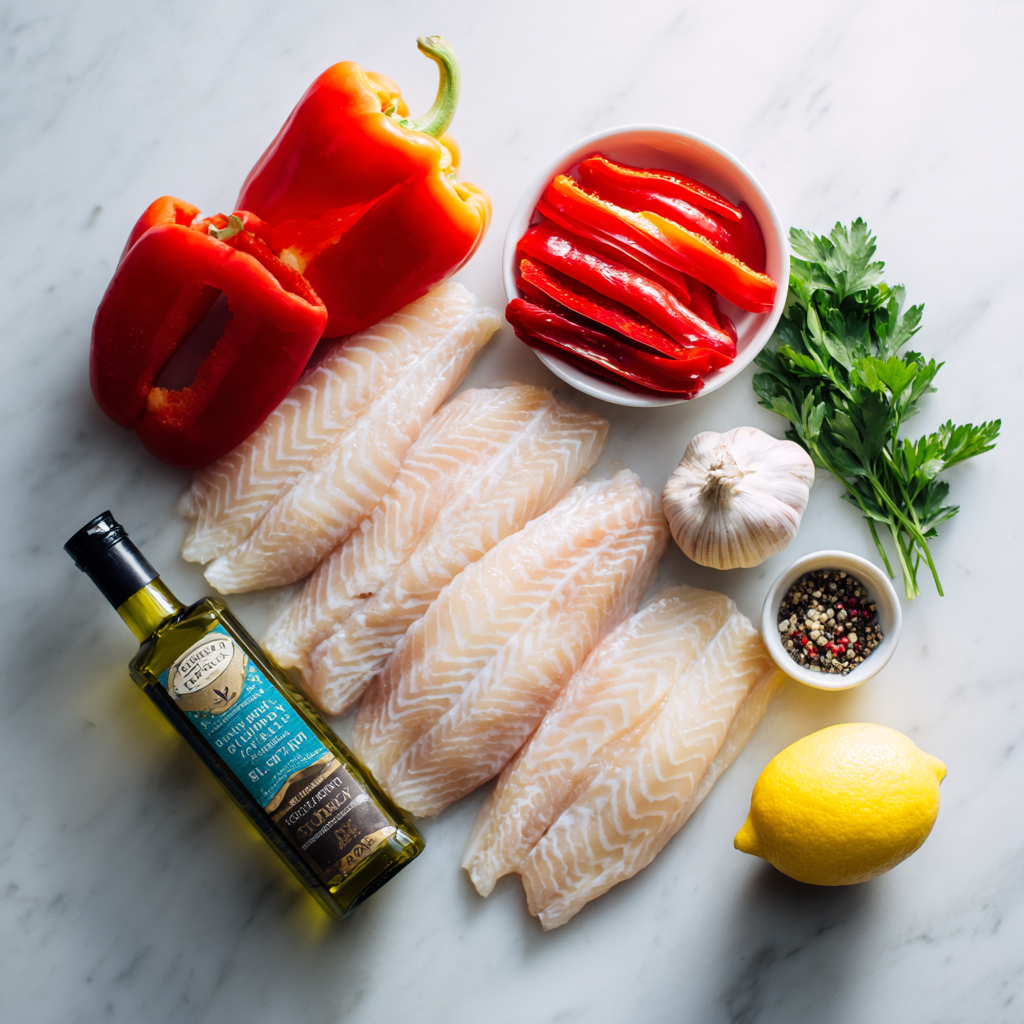 Main ingredients for tilapia in roasted pepper sauce