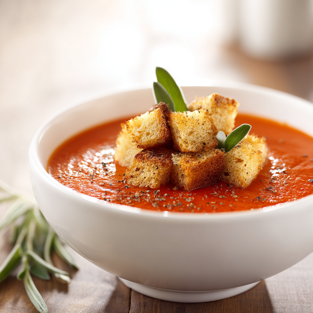tomato soup with garlic and sage croutons - final presentation