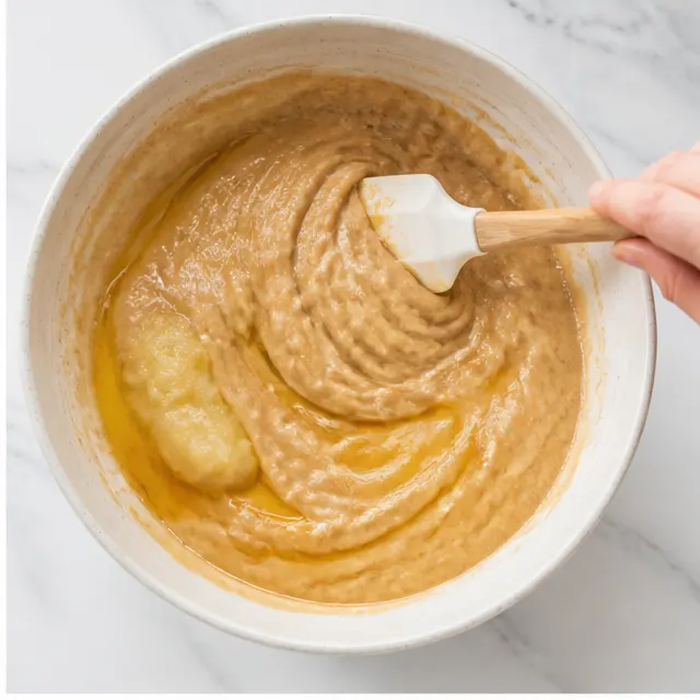 Folding wet ingredients into the dry mixture