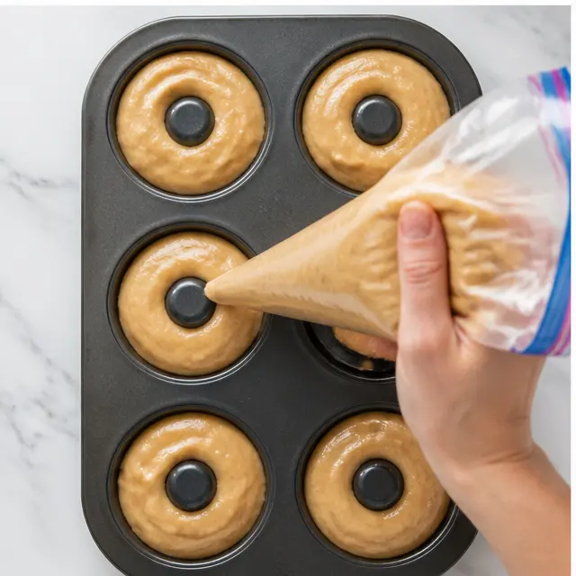 Piping the thick batter into a donut pan