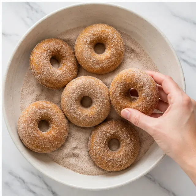 Tossing warm donuts in cinnamon-sugar coating