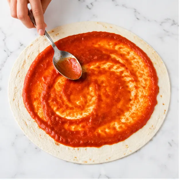 Step 1: Spreading pizza sauce over flour tortilla