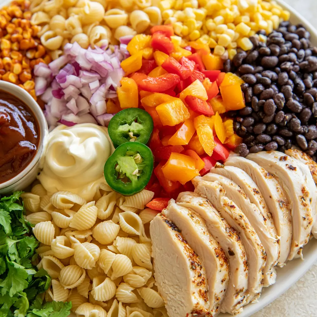 bbq chicken pasta salad - main ingredients