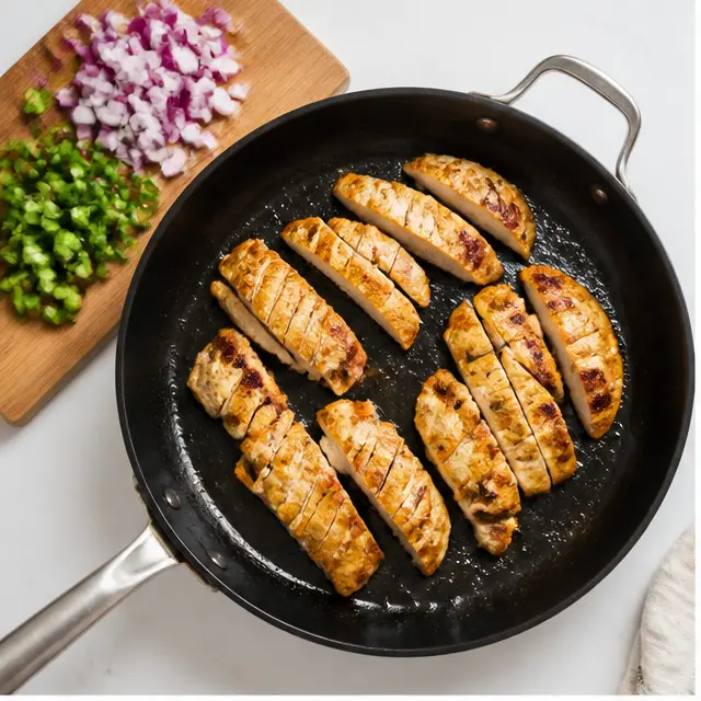 Step 1: Searing sliced chicken breast fillets in a large skillet with avocado oil, golden brown edges, diced red onion and jalapeño nearby on a cutting board, bright daylight.