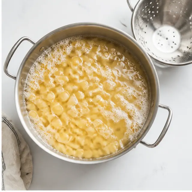 Step 2: Boiling small pasta shells in a large pot of salted water, shells swirling in bubbling water, colander nearby ready for draining, bright daylight.