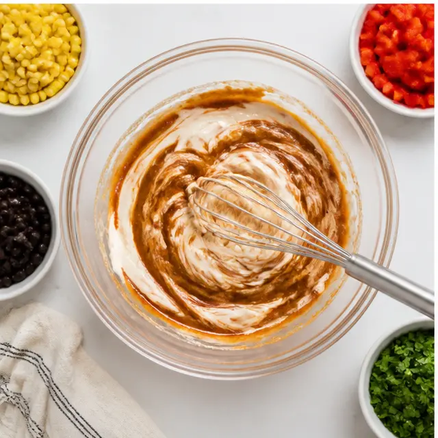 Step 3: Whisking the creamy BBQ dressing in a large mixing bowl, BBQ sauce and mayonnaise combining into a glossy smoky orange-tinted sauce, whisk in motion, bright daylight.