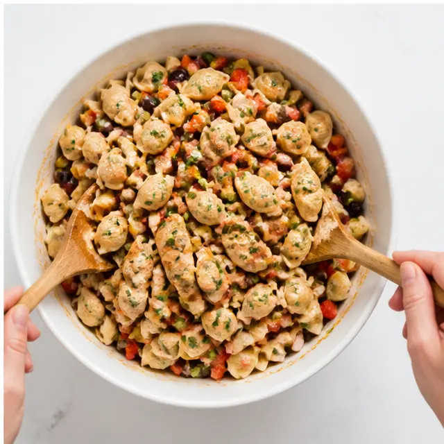 Step 4: Tossing everything together in a large white ceramic bowl, all ingredients being coated with creamy BBQ dressing, chunks of sliced chicken breast, bell peppers, corn, black beans, fresh chopped cilantro visible, wooden spoons in action, bright daylight.