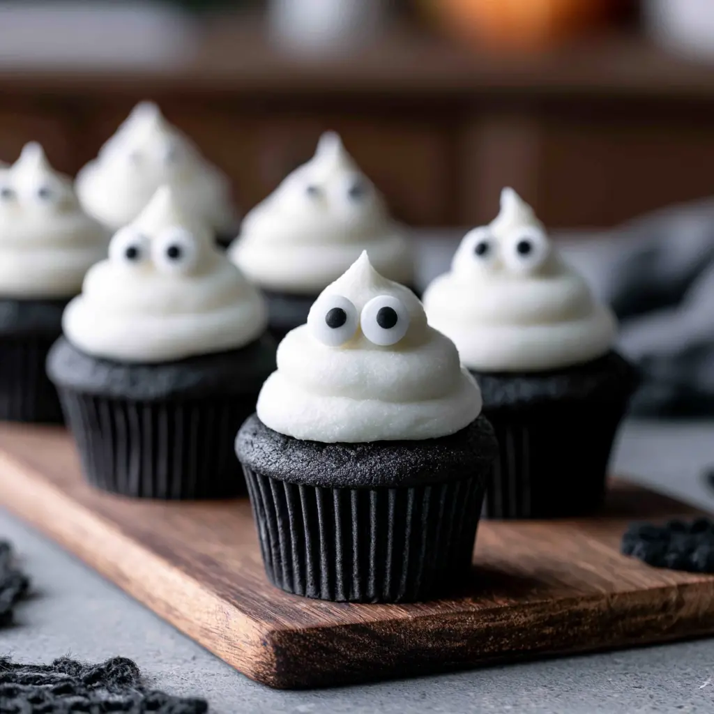black cocoa ghost cupcakes - final presentation