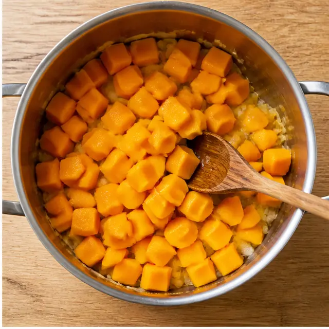 Step 2: Add cubed butternut squash and stir until the edges begin to soften.