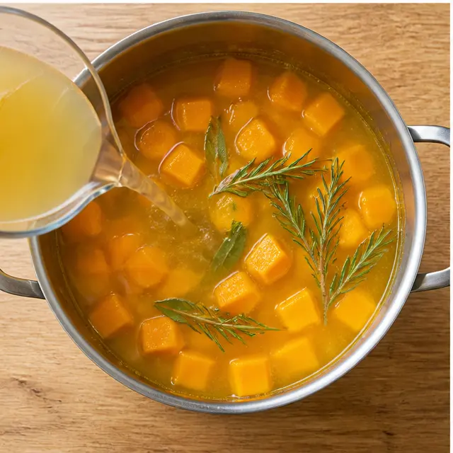 Step 3: Pour in vegetable broth and simmer until the squash is fork-tender.