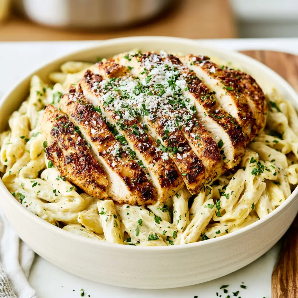 cajun garlic parmesan chicken penne - final presentation