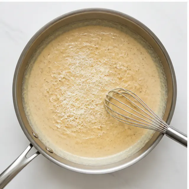 Step 3: Simmering the heavy cream and Parmesan cheese sauce
