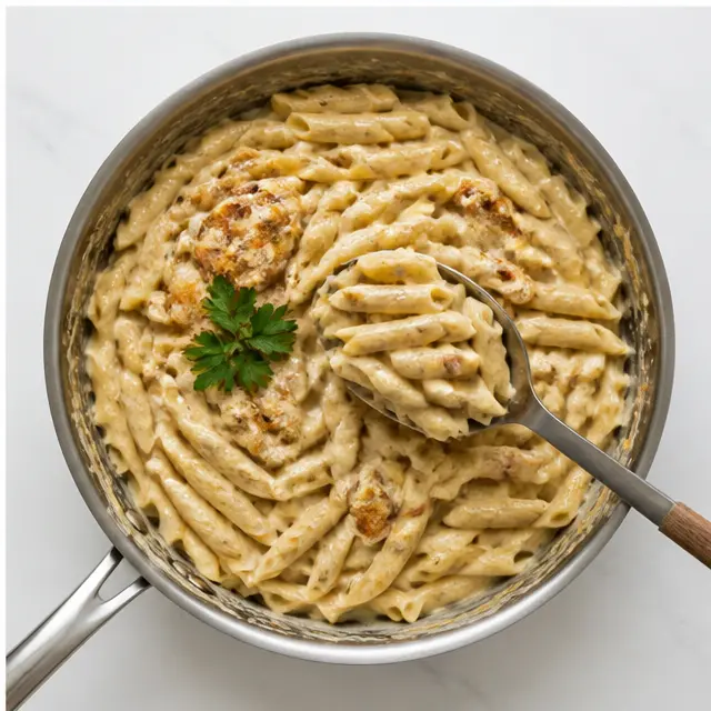 Step 4: Tossing cooked penne in the creamy sauce until glossy